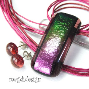 Exkluzív bíbor-zöld üvegékszer szett nyaklánc stiftes fülbevaló, Ékszer, Ékszerszett, Ékszerkészítés, Üvegművészet, MESKA