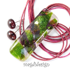 Exkluzív bíbor-zöld üvegékszer szett nyaklánc stiftes fülbevaló - ékszer - ékszerszett - Meska.hu