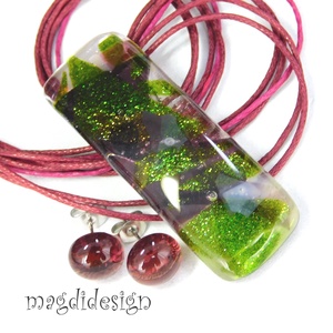 Csillámos bíbor-zöld üvegékszer szett nyaklánc stiftes fülbevaló - ékszer - ékszerszett - Meska.hu