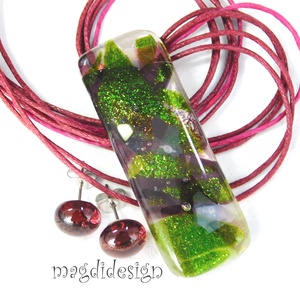 Csillámos bíbor-zöld üvegékszer szett nyaklánc stiftes fülbevaló - ékszer - ékszerszett - Meska.hu