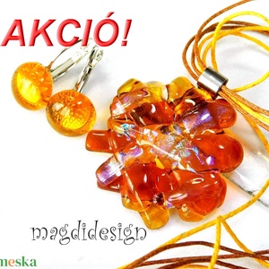 Mézes  borzaska eozin üvegékszer szett, nyaklánc, kapcsos fülbevaló - Meska.hu