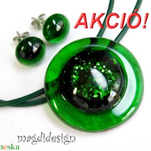 Zöld aventurin-fűzöld csillogás üvegékszer szett, nyaklánc, stiftes fülbevaló, Ékszer, Ékszerszett, Üvegművészet, Ékszerkészítés, MESKA