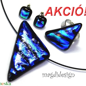 Exkluzív fekete kék hullámos dichroic üvegékszer szett, nyaklánc, gyűrű, fülbevaló , Ékszer, Ékszerszett, Ékszerkészítés, Üvegművészet, MESKA