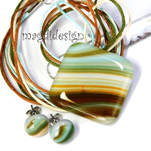 Türkiz barna beige csíkos üvegékszer szett nyaklánc stiftes fülbevaló, Ékszer, Ékszerszett, Ékszerkészítés, Üvegművészet, MESKA