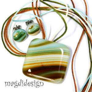 Türkiz barna beige csíkos üvegékszer szett nyaklánc stiftes fülbevaló - ékszer - ékszerszett - Meska.hu