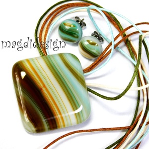 Türkiz barna beige csíkos üvegékszer szett nyaklánc stiftes fülbevaló - ékszer - ékszerszett - Meska.hu