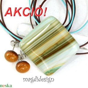 NEMESACÉL! Bronzos csíkos elegancia, üvegékszer szett nyaklánc pötty fülbevaló 1, Ékszer, Ékszerszett, Ékszerkészítés, Üvegművészet, Türkiz, krém, barna, beige mintás  ékszerüveg felhasználásával készült ez az elegáns medál és fülbe..., MESKA