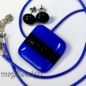 Király-kék aventurin csíkos üvegékszer szett, nyaklánc, pötty fülbevaló - ékszer - ékszerszett - Meska.hu