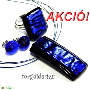 Fekete kék  üvegékszer szett, nyaklánc, gyűrű, stiftes fülbevaló - Meska.hu