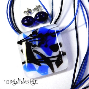 AKCIÓS! Fekete-kék harmónia üvegékszer szett nyaklánc, stiftes fülbevaló  - ékszer - ékszerszett - Meska.hu