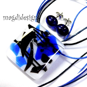 AKCIÓS! Fekete-kék harmónia üvegékszer szett nyaklánc, stiftes fülbevaló  - ékszer - ékszerszett - Meska.hu