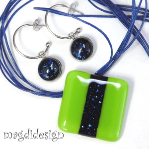 Zöld-kék aventurin csíkos üvegékszer szett nyaklánc lógós fülbevaló, Ékszer, Ékszerszett, Ékszerkészítés, Üvegművészet, MESKA