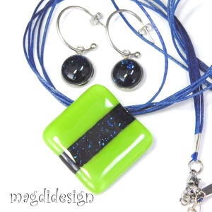 Zöld-kék aventurin csíkos üvegékszer szett nyaklánc lógós fülbevaló - ékszer - ékszerszett - Meska.hu