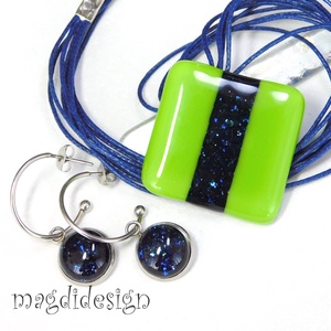 Zöld-kék aventurin csíkos üvegékszer szett nyaklánc lógós fülbevaló - ékszer - ékszerszett - Meska.hu
