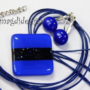 Király-kék aventurin csíkos üvegékszer szett, nyaklánc, kapcsos fülbevaló - ékszer - ékszerszett - Meska.hu