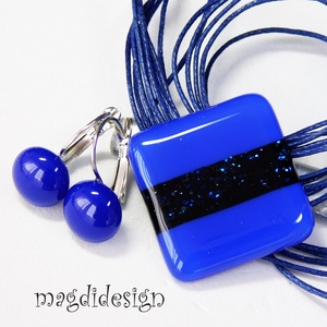 Király-kék aventurin csíkos üvegékszer szett, nyaklánc, kapcsos fülbevaló - ékszer - ékszerszett - Meska.hu