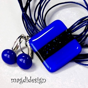 Király-kék aventurin csíkos üvegékszer szett, nyaklánc, kapcsos fülbevaló, Ékszer, Ékszerszett, Ékszerkészítés, Üvegművészet, MESKA