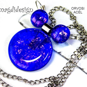 MAXI Galaxis királykék üvegékszer szett, nyaklánc, kapcsos fülbevaló 1, Ékszer, Ékszerszett, Ékszerkészítés, Üvegművészet, MESKA