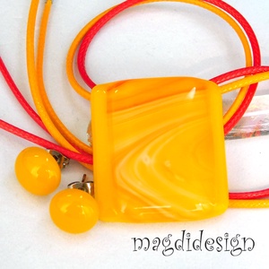 Sárga-piros áramlás üvegékszer szett nyaklánc, stiftes fülbevaló 1 - ékszer - ékszerszett - Meska.hu