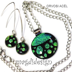 Univerzum zöld-arany feketén üvegékszer szett, nyaklánc, lógós fülbevaló - Meska.hu