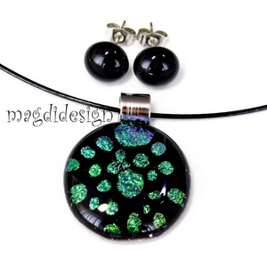 Univerzum türkiz-zöld feketén üvegékszer szett, nyaklánc, stiftes fülbevaló - ékszer - ékszerszett - Meska.hu