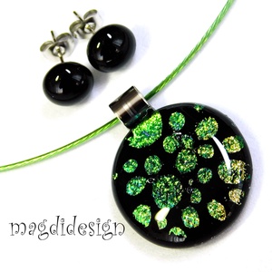 Univerzum arany-zöld feketén üvegékszer szett, nyaklánc, stiftes fülbevaló - ékszer - ékszerszett - Meska.hu