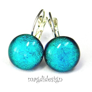 Türkiz selyemporos dichroic üvegékszer kapcsos fülbevaló, Ékszer, Fülbevaló, Lógó fülbevaló, Ékszerkészítés, Üvegművészet, MESKA
