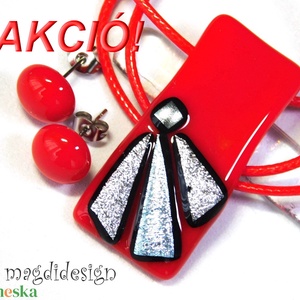 AKCIÓ! Ezüst szögek meggypirosban üvegékszer szett 1 - Meska.hu