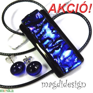 AKCIÓ! Fekete kék  üvegékszer szett, nyaklánc, stiftes fülbevaló - Meska.hu