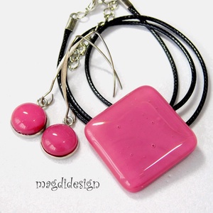 Mályvás-málna üvegékszer szett, nyaklánc, lógós fülbevaló, Ékszer, Ékszerszett, Ékszerkészítés, Üvegművészet, MESKA