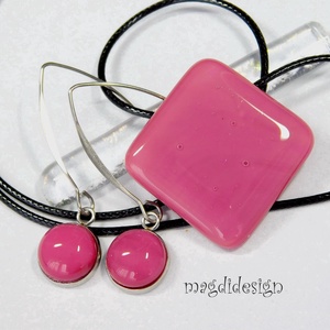 Mályvás-málna üvegékszer szett, nyaklánc, lógós fülbevaló - ékszer - ékszerszett - Meska.hu