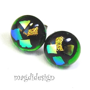 NEMESACÉL! Dichroic színkavalkád zöld üvegékszer pötty fülbevaló  4, Ékszer, Fülbevaló, Pötty fülbevaló, Üvegművészet, Ékszerkészítés, MESKA