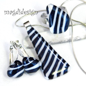 Tengerész csíkos üvegékszer szett, nyaklánc, kapcsos fülbevaló - ékszer - ékszerszett - Meska.hu