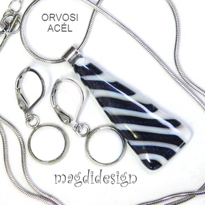 Tengerész csíkos üvegékszer szett, nyaklánc, kapcsos fülbevaló 1 - Meska.hu