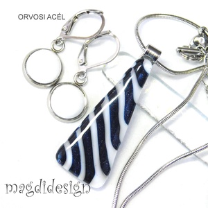 Tengerész csíkos üvegékszer szett, nyaklánc, kapcsos fülbevaló 1 - ékszer - ékszerszett - Meska.hu