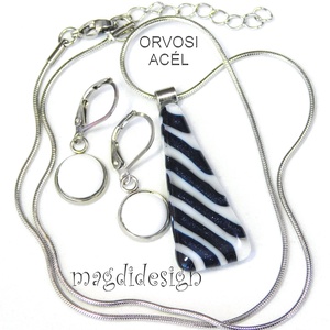 Tengerész csíkos üvegékszer szett, nyaklánc, kapcsos fülbevaló 1 - ékszer - ékszerszett - Meska.hu