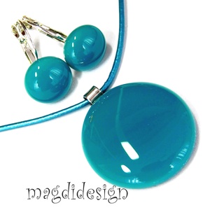 Türkiz üvegékszer szett, nyaklánc, kapcsos fülbevaló - Ballagásra, születésnapra, névnapra - ékszer - ékszerszett - Meska.hu