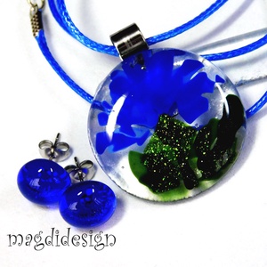 Búzavirág üvegékszer szett, nyaklánc, stiftes fülbevaló  , Ékszer, Ékszerszett, Ékszerkészítés, Üvegművészet, MESKA