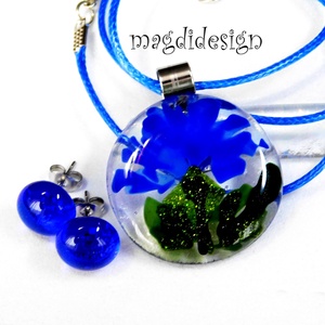 Búzavirág üvegékszer szett, nyaklánc, stiftes fülbevaló   - ékszer - ékszerszett - Meska.hu