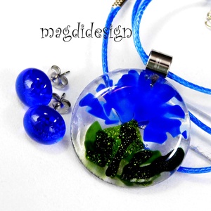 Búzavirág üvegékszer szett, nyaklánc, stiftes fülbevaló   - ékszer - ékszerszett - Meska.hu