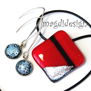 Absztrakt piros-ezüst-fekete üvegékszer szett nyaklánc, lógós fülbevaló, Ékszer, Ékszerszett, Üvegművészet, Ékszerkészítés, MESKA