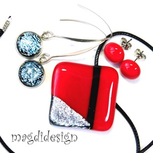 Absztrakt piros-ezüst-fekete üvegékszer szett nyaklánc, lógós fülbevaló - ékszer - ékszerszett - Meska.hu