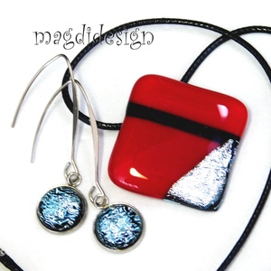 Absztrakt piros-ezüst-fekete üvegékszer szett nyaklánc, lógós fülbevaló - ékszer - ékszerszett - Meska.hu