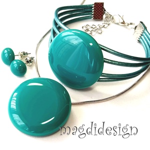 Türkiz kerek üvegékszer szett nyaklánc, karkötő, stiftes fülbevaló, Ékszer, Ékszerszett, Ékszerkészítés, Üvegművészet, MESKA