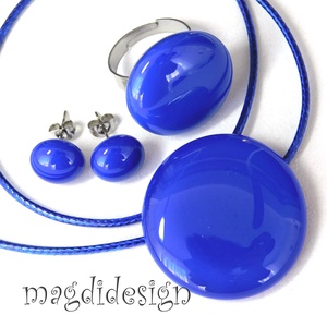 Királykék üvegékszer szett, nyaklánc, gyűrű, pötty fülbevaló - ékszer - ékszerszett - Meska.hu