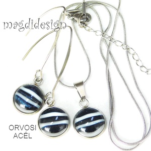 Tengerész csíkos üvegékszer szett, nyaklánc, lógós fülbevaló, Ékszer, Ékszerszett, Ékszerkészítés, Üvegművészet, MESKA