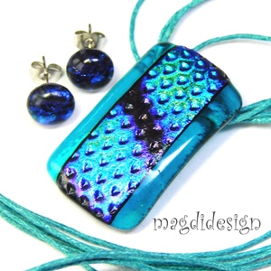 Türkiz-kék csíkos dichroic üvegékszer szett pötty fülbevaló - Meska.hu