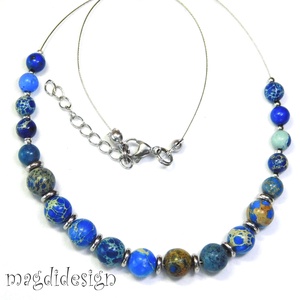Kék tengeri jáspis ásvány nyaklánc, Ékszer, Nyaklánc, Gyöngyös nyaklánc, Ékszerkészítés, Gyöngyfűzés, gyöngyhímzés, MESKA