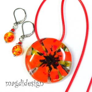 Óriás pipacs üvegékszer szett nyaklánc, kapcsos fülbevaló - Meska.hu