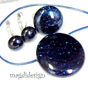 Kék aventurin csillogás üvegékszer szett, nyaklánc, gyűrű, kapcsos fülbevaló  -ajándék húsvétra ballagásra, - ékszer - ékszerszett - Meska.hu